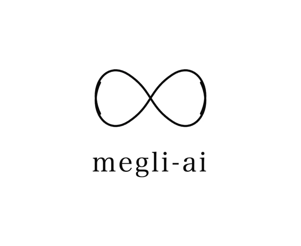 白い背景に黒い無限大の記号が描かれ、その下に「megli-ai」というテキストが配置された、シンプルでミニマルなデザインの画像です。
