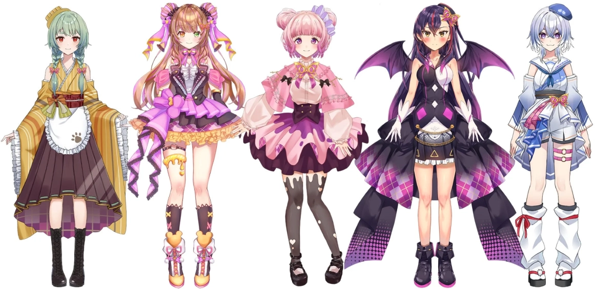 様々な衣装をまとった5人のアニメ風女性キャラクター