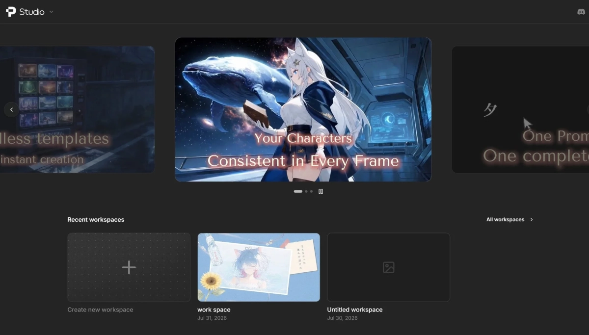 ダークテーマのデジタルクリエイティブツールのUIが表示されています。アニメキャラクターが特徴的なメインバナーで「Your Characters Consistent in Every Frame」と宣伝されており、豊富なテンプレートやワークスペース機能が示されています。