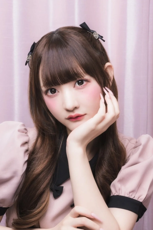 女性、モデル、アイドル、ロングヘア、茶髪、前髪、黒いリボン、ヘアアクセサリー、付け爪、ピンクメイク、ガーリー、かわいい、ドーリー、フェミニン、ポートレート、ファッション、メイク、ピンクの服、パフスリーブ、スタジオ撮影
